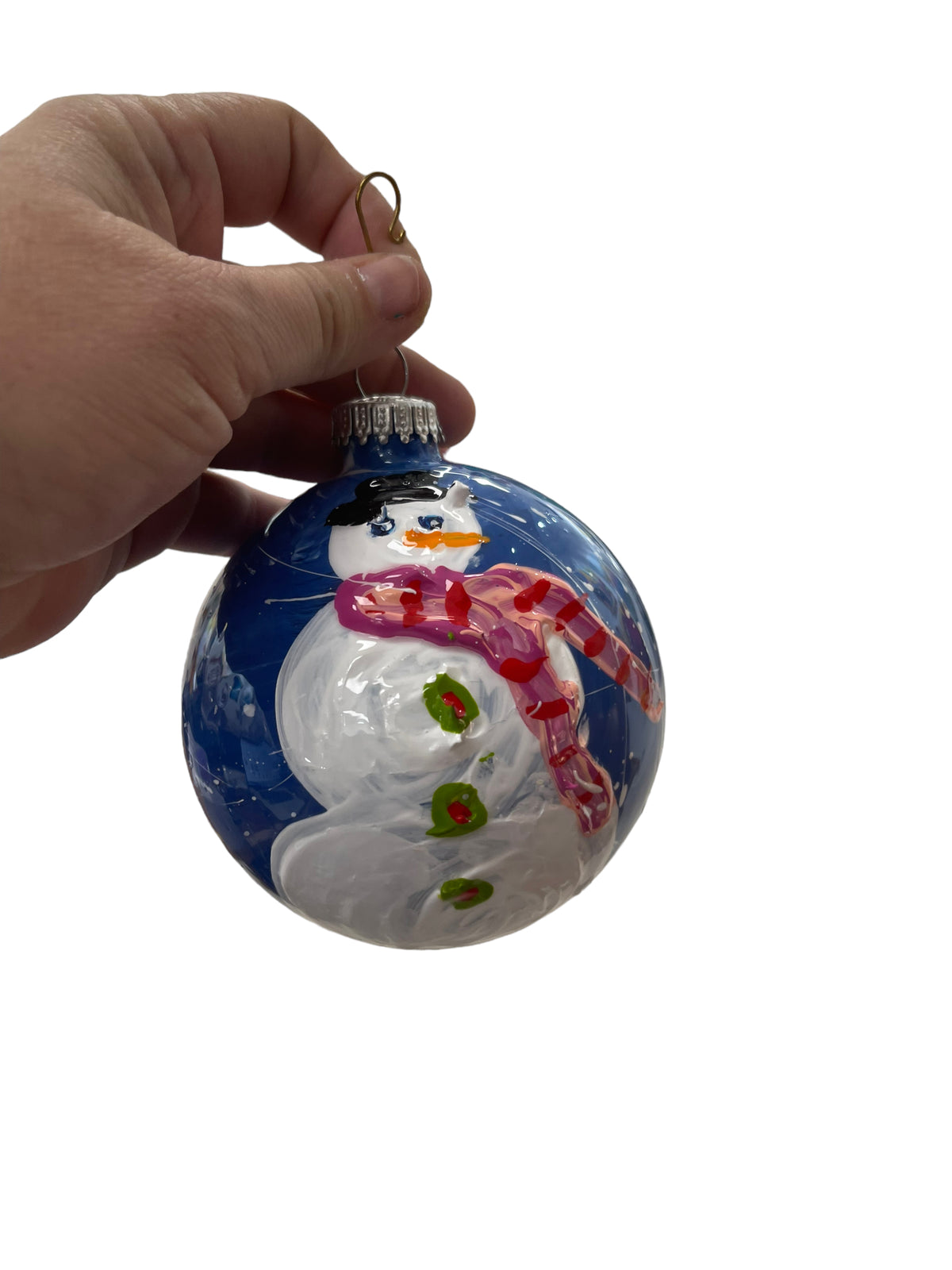 Hand-painted snowman glass Christmas ornament J, 4.5 inch, by Tracee Gentry Matthews
