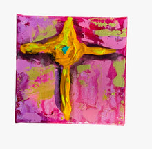 Load image into Gallery viewer, 6"x6" cross yellow with pink bkg