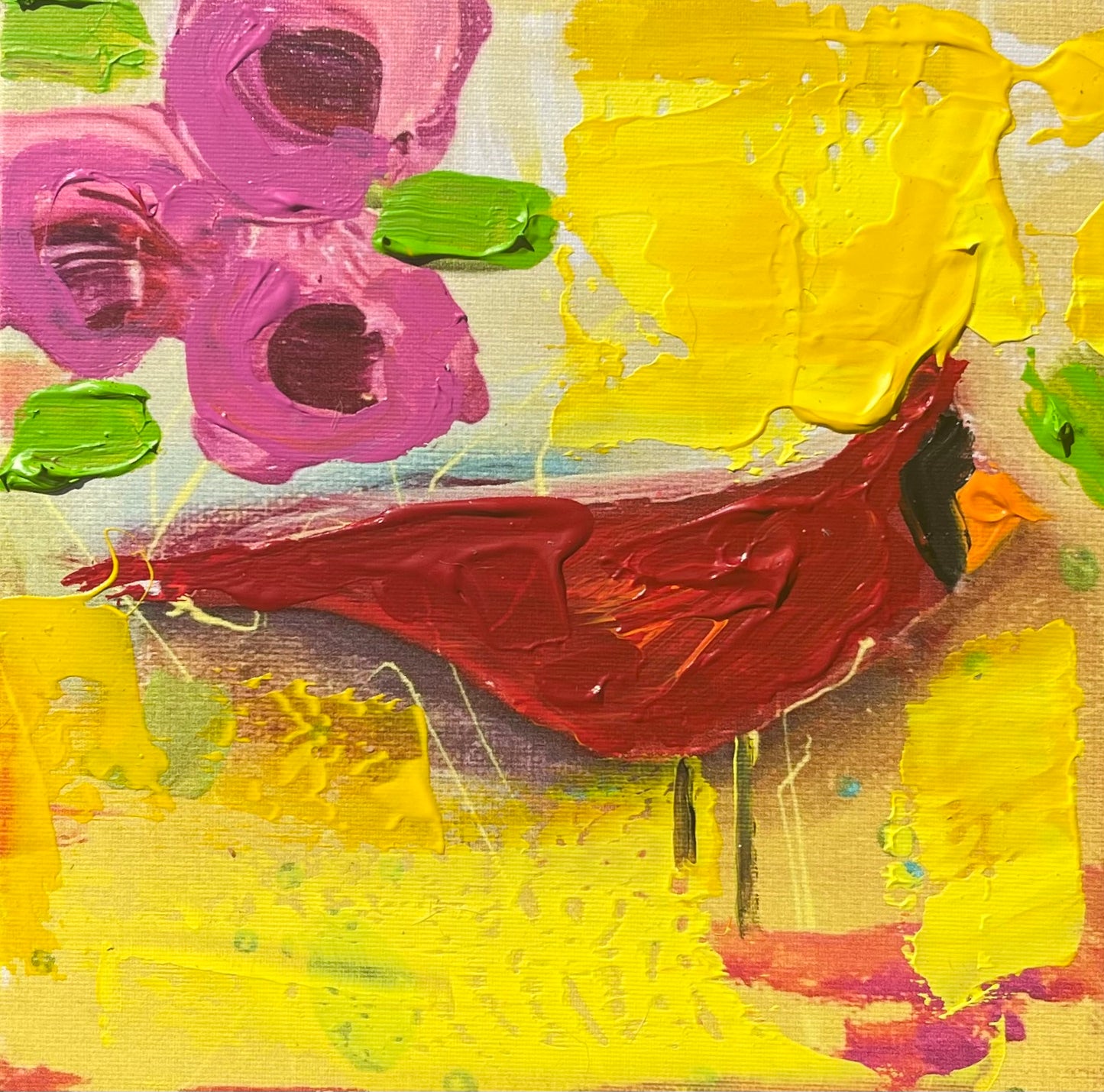 Impresión de un cardenal con pintura añadida de 6" x 6"