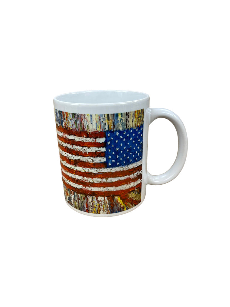 Taza con la bandera estadounidense pintada por Pat Matthews 