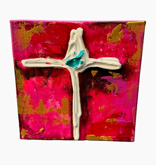6"x6"  cross white pink teal