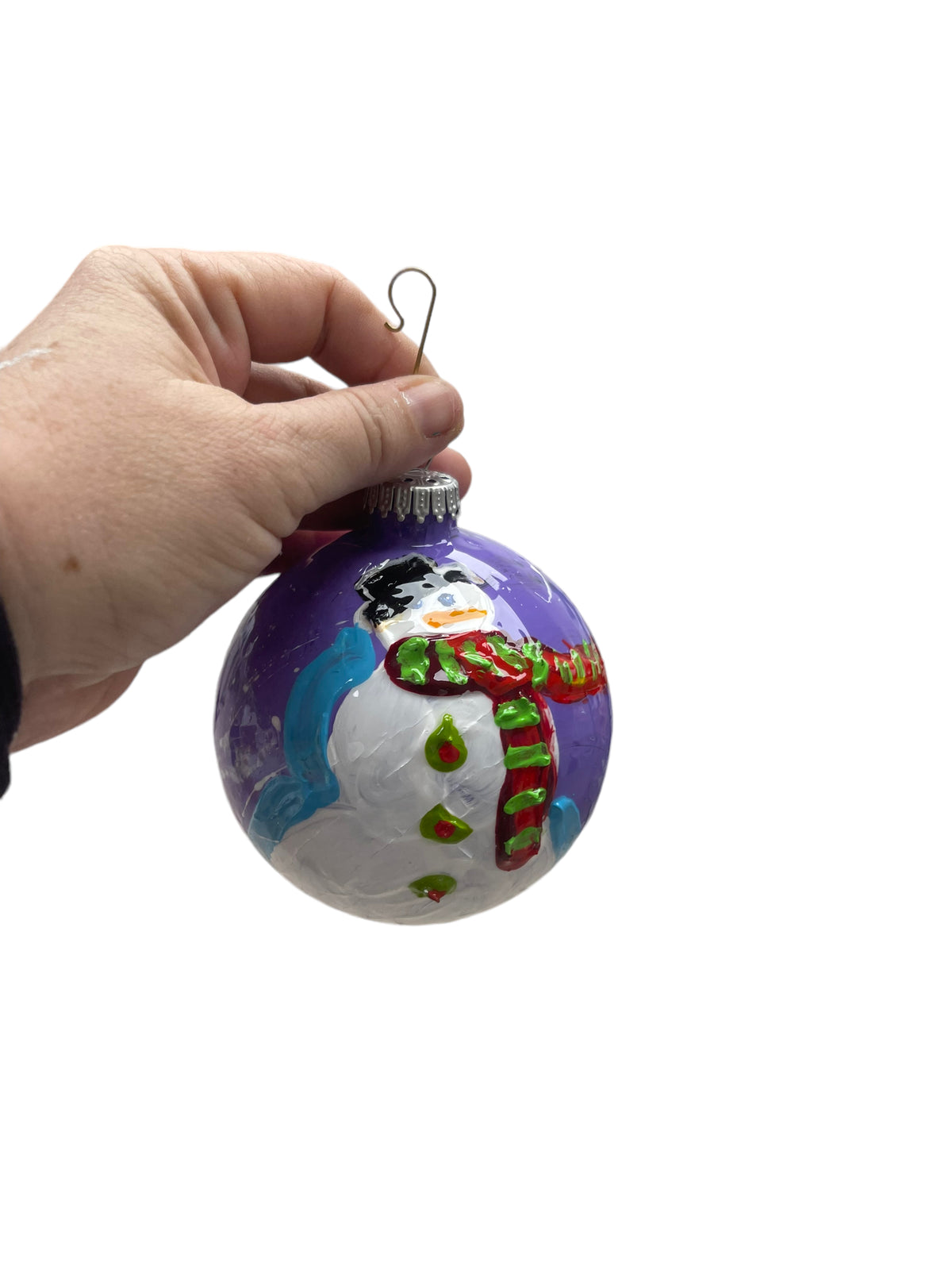 Hand-painted snowman glass Christmas ornament H, 4.5 inch, by Tracee Gentry Matthews