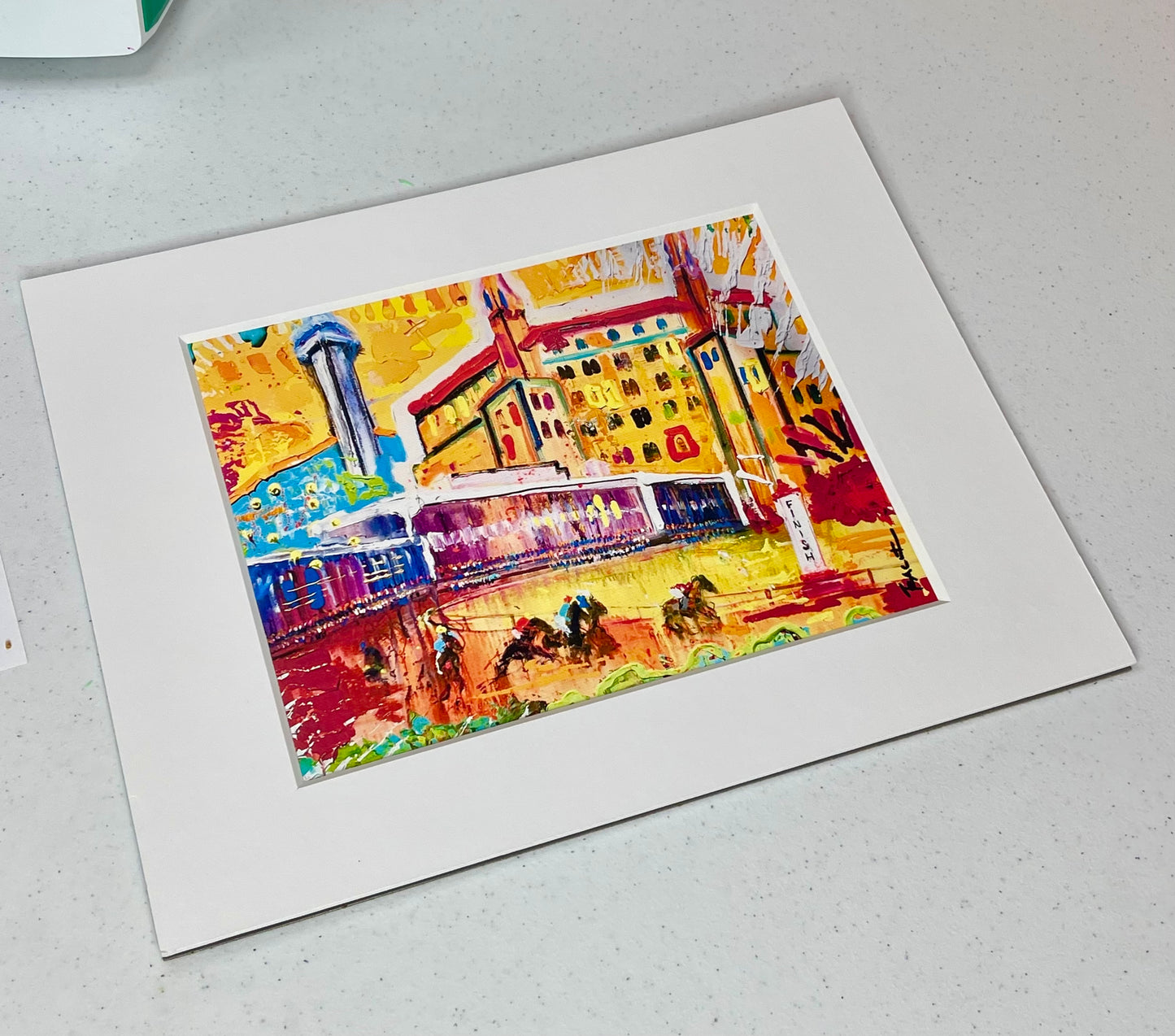 Hot Springs, Arkansas con los caballos corriendo en Oaklawn Race Track 11"X14"