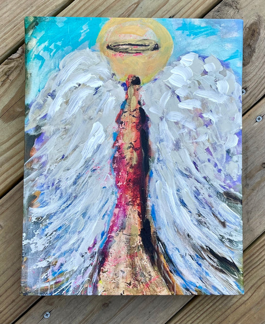 Impresión en lienzo estirada de ángel con pintura agregada de 11" x 14" 