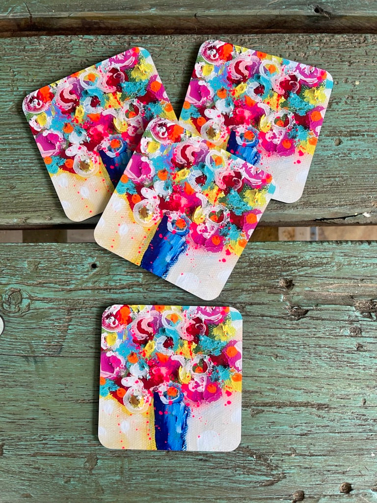 Juego de 4 posavasos con diseño de ramo colorido 