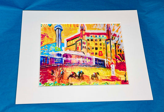 Hot Springs, Arkansas con los caballos corriendo en Oaklawn Race Track 11"X14"