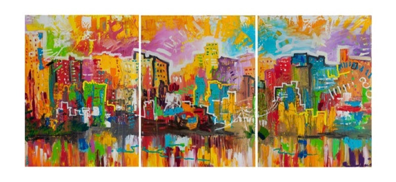 Tríptico de 48" x 36" con paneles de paisaje urbano abstracto