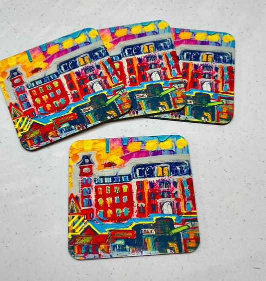U of A with Dickson Street, Old Main, Razorback, etc. Coasters set of 4
